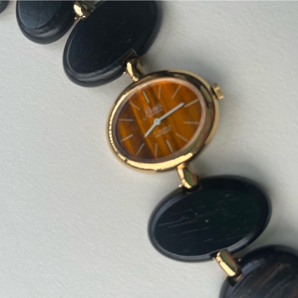 Vintage Renis Genève Wood Link Mechanical Ladies Watch With Faux Tiger Eye Dial - Picture 2 of 5